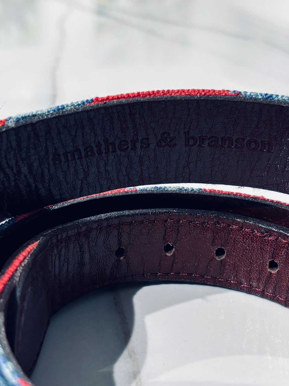 Smathers & Branson Needlepoint Leather Belt Red Blue Size 36 - Picture 2 of 4